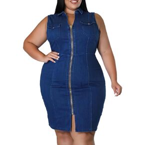 Sexyshine Women's Sleeveless Full Zipper Bodycon Denim Dress Lapel V Neck Plus Size Tank Top Jeans Mini Dresses