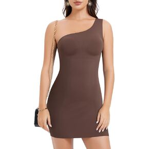 Irisnaya Tummy Control Shapewear One Shoulder Dress Slip Body Shaper Sleeveless Bodycon Mini Party Dresses