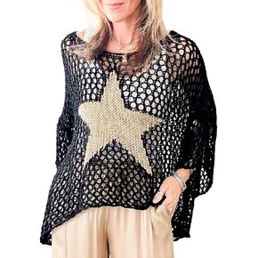 Womens Summer Crochet Hollow Out Scoop Neck Star Graphic Pullover Sweater Knit Tops Shirts Beach Cover Ups