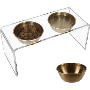 Acrylic Dog Bowl Stand - Durable Food-Grade Stainless Steel Elevated Cat Bowls & Dog Bowls for Small Dogs, Raised Dog Bowls for Small Dogs, 1 Black Acrylic Stand with 2 Gold Bowls