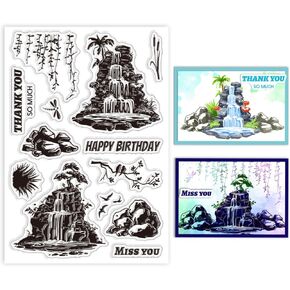 GLOBLELAND Rockery Fountain Clear Stamps Plants Birds Silhouettes Clear Stamps Dragonfly Silicone Stamps for DIY Scrapbooking Photo Album Decorative Cards Making Home Decoration 6.3x4.33inch