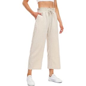 Women's Crop Linen Pants Wide Leg Elastic Waist Flowy Drawstring Trousers with Pockets