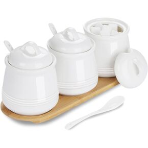 HAOTOP Porcelain Condiment Jar 3 Pack Set with Tray, 12 Ounces Beige
