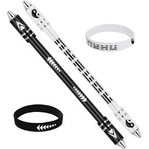 Spinning Pen - Relieve Stress, 2 Sets Weighted Metal Heads Gaming Finger Pens with Silicone Bracelet No Pen Refill Novelty Rotating Pen for Students Adults Kids, 8.5 Inch(Tai Chi)