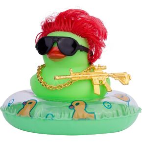 Color Hair Car Rubber Duck, Rock Duck Car Dashboard Decorations Unique Duck Ornaments Accessories with Fashion Hair Mini Swim Ring, Necklace, Sunglasses and Special Prop(Ro10)