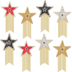 8Pcs Rhinestone Star Patches with Chains Tassel Badge 4 Mix Color Sparkling Iron on Patches Applique for DIY Clothes Embellishment