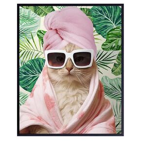 Cat Bathroom Decor for Women - funny Cute Cat Wall Art & Decor - Pink Green Bathroom Accessories - small Bathroom Pictures Sign Decorations - Cat Poster - Cat Room Decor - Bathroom Decor for Girls