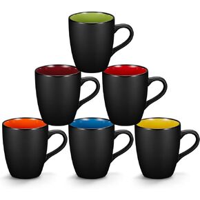 6 Pack Porcelain Coffee Mugs Set, 12 Ounces Ceramic Coffee Mugs, Matte Black Coffee Mug, Restaurant Coffee Cups for Coffee, Tea, Cappuccino, Cocoa, Cereal, Black outside and Colorful inside