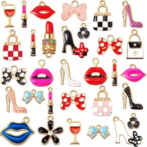 Jetec 50 Pieces Enamel Charms for Bracelet Jewelry Making Women Makeup Earrings Lipstick Craft Pendant High Heel Designer Charms Mixed Gold Plated Wallet Flower Bow Items for DIY Necklace