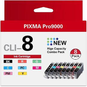 CLI-8 8 Color Multi Pack Ink Tank (8-Pack,1BK 1C 1M 1Y 1PC 1PM 1R 1G) Vowdic Compatible Replacement for Canon CLI-8 Ink Cartridges with Pixma Pro9000 and Pro9000 Mark II Printer
