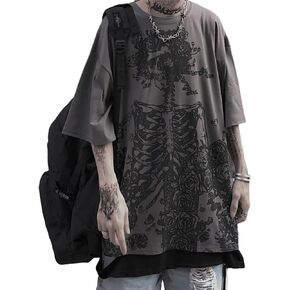 Women Men Y2K Skeleton T Shirt Gothic Skull Graphic Tee Oversized Punk Grunge Short Sleeve Top Streetwear Emo Alt Clothes