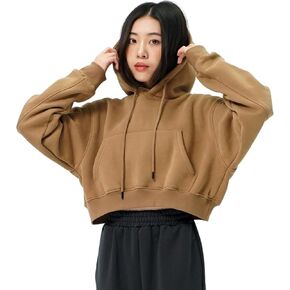 Cropped Hoodie for Women - Winter Fleece Pullover Sweatshirt, Casual Long Sleeve Top Short Hoodie