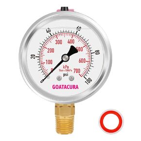 0-100psi/kpa Lead-Free Glycerin Filled Pressure Gauge, 2-1/2" Dial Size, Stainless Steel Case, with Vent Valve, 1/4" NPT Lower Mount, 2-1-2% Accuracy, for Measuring Gas Liquid Pressure