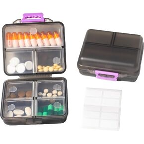 1 Pack Travel Pill Organizer with Lables, Small Portable Pocket Pharmacy,7 Grid Compartments, Handy Pill Holder Box, Mini Medicine Container Case, 7 Day Medication，Food Grade PP Material - Black Gray