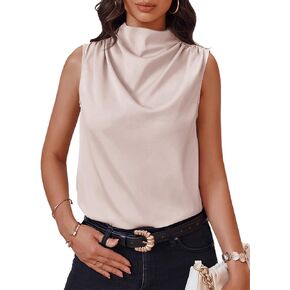 Cicy Bell Women's Mock Neck Satin Tank Tops Sleeveless Ruched Casual Trendy Shirt Blouses