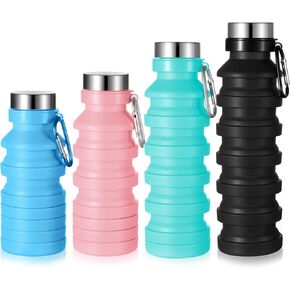 4 Pack Collapsible Water Bottle for Traveling Foldable Water Bottles Reusable Silicone Portable Leak Proof Waterbottle with Clip for Kids Adults Hiking Camping Gym Sports, 18.6 oz(Bright Color)