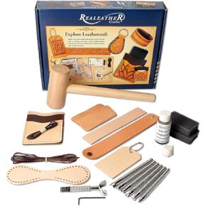 Realeather Basic Leather Craft Starter Kit - Basic Tools and Leather to Make a Key Fob, Bag Tag, Wristband, Cell Phone and Card Sleeve