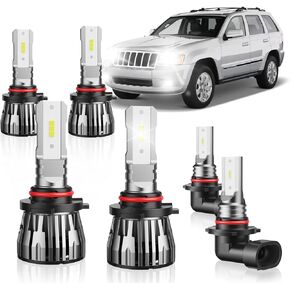 6PCS Grand Cherokee LED High Low Beam Bulbs Fog Light Combo Fit for Jeep Grand Cherokee 1999 2000 2001 2002 2003 2004 2005 2006 2007 2008 2009 2010, 9005+9006+9145 6500K White
