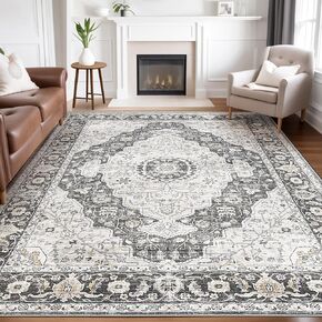 Vintage Washable Area Rugs for Living Room 8x10: Large Soft Low Pile Rug for Bedroom Dining Room Rugs for Under Table - Indoor Foldable Accent Print Distressed Carpet - Blue Grey