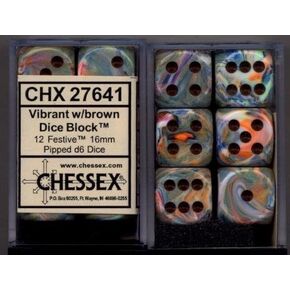 Chessex Dice D6 Sets: Festive Vibrant Swirl with Brown Pips - 16Mm Six Sided Die (12) Block of Dice