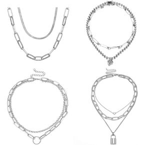 4pcs Multilayer Lock Heart Pendant Necklace Set Paperclip Chain Link Dice Chunky Adjustable Safety Pin for Women Girl Punk Gothic Jewelry