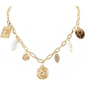 Gold Charm Necklace for Women Head Portrait Square Pendant Necklace White Pearl Choker Necklace Boho Charm Necklace Summer Beach Necklace for Women Girls