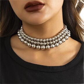 Octwine Dainty Silver Beaded Statement Necklace 3 Layer Choker Chunky Chain Punk Cuban Jewelry for Women and Girls(1 Pcs)