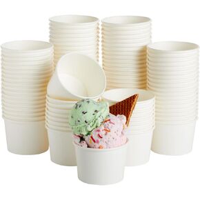 Juvale 100 Pack Disposable Paper Ice Cream Cups, Dessert Bowls for Sundae Bar, Frozen Yogurt (White, 8 oz)