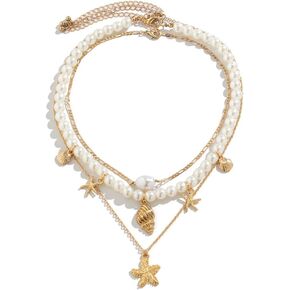 Summer Beach Shell Necklace Layered Pearl Seashell Choker Necklaces Sequins Conch Starfish Beaded Surfer Hawaii Beach Costume for Women