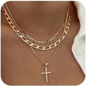 Layered Gold Necklaces for Women Dainty 14k Gold/Silver Plated Stackable Choker Necklaces for Women Trendy Cuba Cross Circle Pendant Necklaces Set Jewelry Gifts for Women Girls