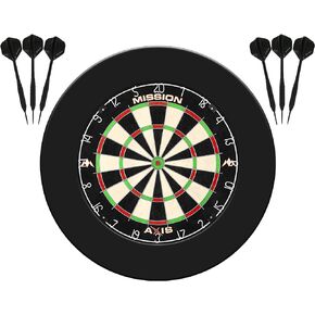 Mission Darts Axis Home Centre | Darts and Dartboard Complete Bundle Including Surround and Oche with 2 Sets of Darts, Black (SU082)