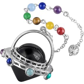 TUMBEELLUWA 7 Chakra Crystal Point Pendulum for Dowsing Divination, Polished Quartz Stone Pendant Pendulum with Silvery Chakra Beads Chain, Black Obsidian
