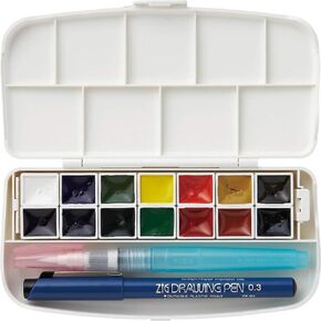 Kuretake WATERCOLOUR TRANSPARENT 14 colors set with fineliner pen and water brush pen, Portable, In a compact box, Vibrant watercolors, For professional and hobbyist, AP-Certified, Made in Japan