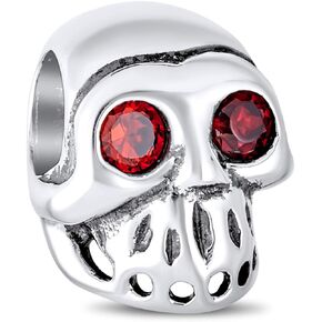 Halloween Skeleton Red Eyes Día De Los Muertos or Carribean Pirate Skull Crossbones Cross Swords Charm Bead For Women Teen .925 Sterling Silver Fits European Bracelet
