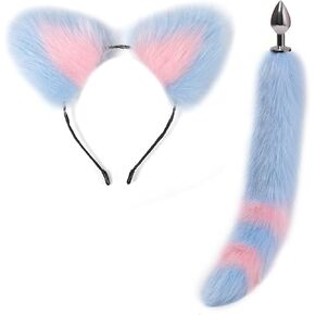 Wolf Fox Furry Tail Plug and Ears Headband,Animal Therian Fursuit Tail Hairband Cosplay Costume, Fancy Dress Halloween Adjustable Faux Fur Fox Tail Blue