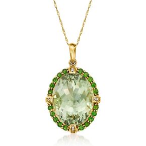 Ross-Simons 18.00 Carat Prasiolite and .80 ct. t.w. Chrome Diopside Pendant With Diamond Accents in 14kt Yellow Gold