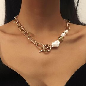 Women Baroque Pearl Choker Paperclip Link Chain Necklace with Toggle Clasp Girls Statement Jewelry for Special Occasion