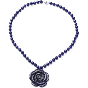 Shop LC Carved Rose Blue Lapis Lazuli Beaded Necklace for Women 925 Sterling Silver Rhodium Plated Gifts for Women Size 18" Birthday Gifts