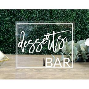 1801&Co. Wedding Event Acrylic Dessert Bar Table Sign 8"x10", acrylic wedding sign hors-d'oeuvres cake table sign sweets bar bridal shower bachelorette clear, Acrylic Sign with Stand