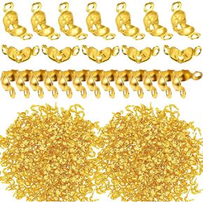 1500 Pieces Beads Tips Knot Covers Clamshell Crimp Tips Beads Set Calotte Ends Knot Covers Fold-Over Bead Covers for Jewelry Making DIY Bracelet Necklaces(Gold)