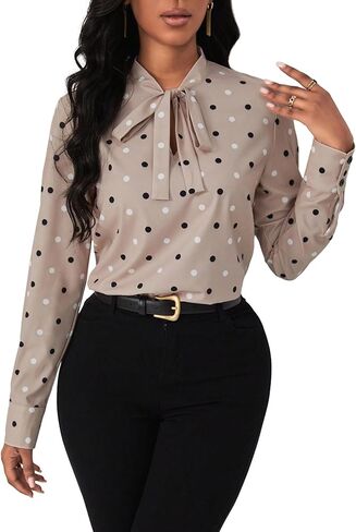 Floerns Women's Casual Polka Dots Tie Front Long Sleeve Elegant Blouse Top in Saudi Arabia