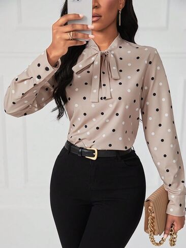 Floerns Women's Casual Polka Dots Tie Front Long Sleeve Elegant Blouse Top in Saudi Arabia