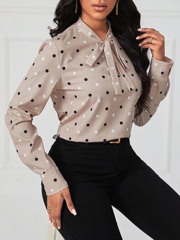 Floerns Women's Casual Polka Dots Tie Front Long Sleeve Elegant Blouse Top in Saudi Arabia