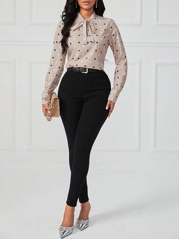 Floerns Women's Casual Polka Dots Tie Front Long Sleeve Elegant Blouse Top in Saudi Arabia