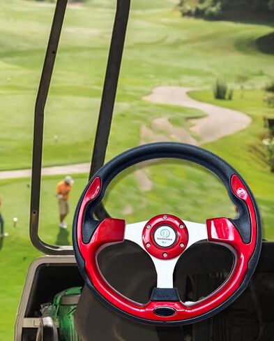 Universal Racing Steering Wheel for Golf Cart, EZGO Yamaha Club Car DS & Precedent, Aluminum with Horn Button for Car, 12.5"/320mm 6 Bolts Grip Vinyl Leather, black & Red in Saudi Arabia