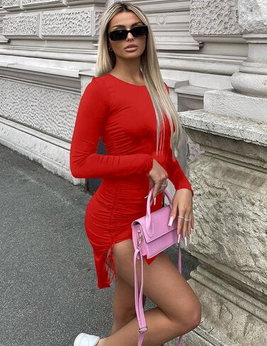 cailami Women's Sexy Long Sleeve Bodycon Ruched Dresses Side Slit Mini Club Party Dress in Saudi Arabia