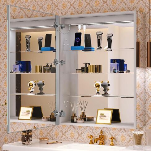 خزانة أدوية LED مقاس 24 × 32 للحمام مع مرآة، خزانة تخزين منظمة للحمام مع أضواء، باهتة، مزيل ضباب، 3 ألوان للمكياج، 2 منافذ وUSB، مرآة تخزين لزينة الحمام، يمين... in Kuwait