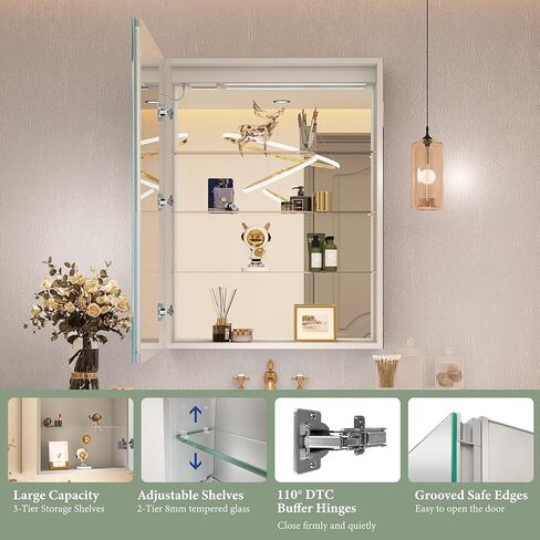 خزانة أدوية LED مقاس 24 × 32 للحمام مع مرآة، خزانة تخزين منظمة للحمام مع أضواء، باهتة، مزيل ضباب، 3 ألوان للمكياج، 2 منافذ وUSB، مرآة تخزين لزينة الحمام، يمين... in Kuwait