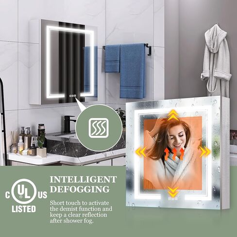 خزانة أدوية LED مقاس 24 × 32 للحمام مع مرآة، خزانة تخزين منظمة للحمام مع أضواء، باهتة، مزيل ضباب، 3 ألوان للمكياج، 2 منافذ وUSB، مرآة تخزين لزينة الحمام، يمين... in Kuwait