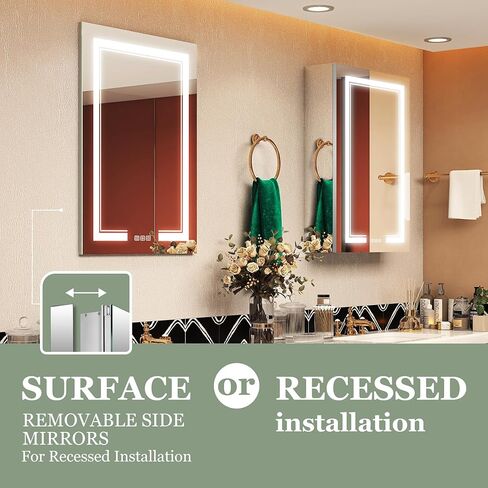 خزانة أدوية LED مقاس 24 × 32 للحمام مع مرآة، خزانة تخزين منظمة للحمام مع أضواء، باهتة، مزيل ضباب، 3 ألوان للمكياج، 2 منافذ وUSB، مرآة تخزين لزينة الحمام، يمين... in Kuwait